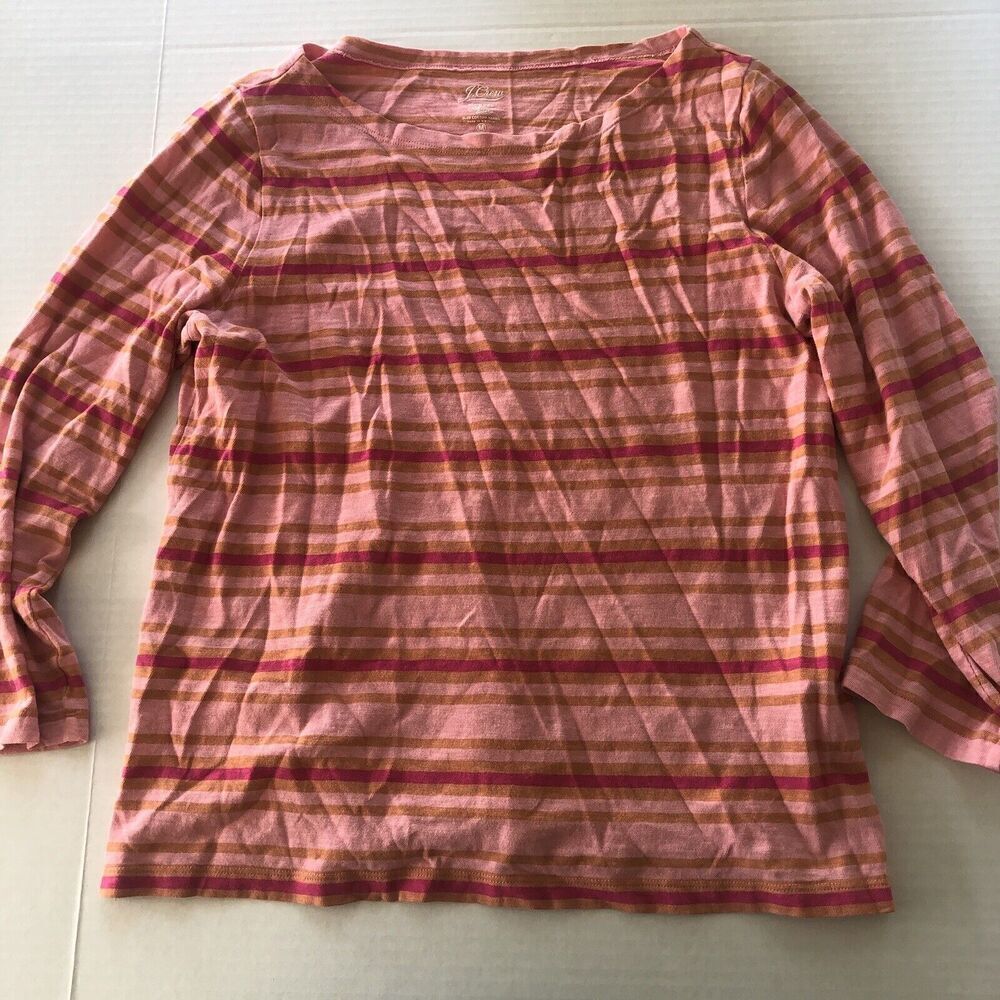 J Crew Slub Tee Knit Goods Pink Orange Stripe 3/4 Sleeve Top Sz M A22